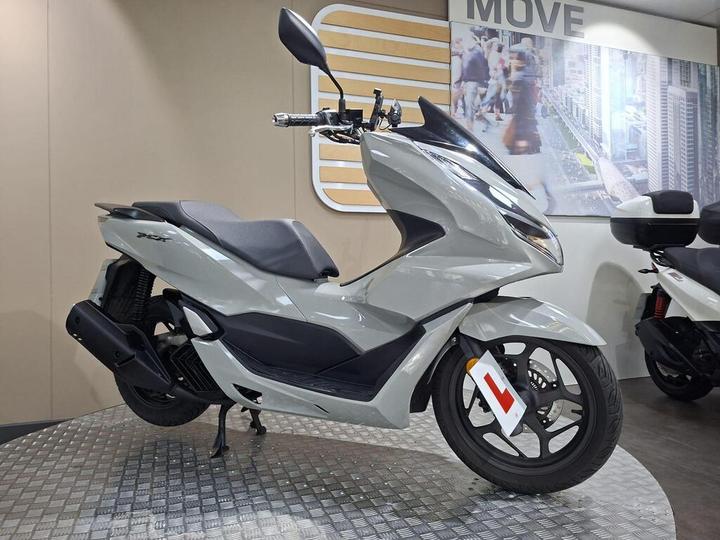 A sleek gray scooter with a modern design displayed against a neutral backdrop, featuring a learner's permit tag and a chrome handlebar.