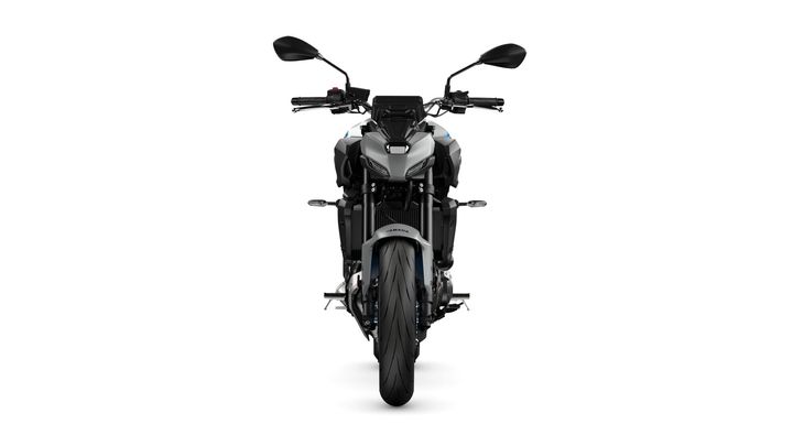 A front view of a sleek, modern motorcycle with a gray body, black handlebars, and a prominently displayed rear tire, set against a white background.