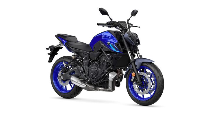 A blue and black motorcycle with a modern design, showcasing a sleek body, stylish wheels, and advanced features.