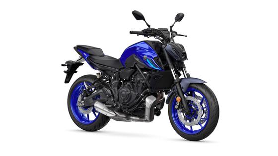 A blue and black motorcycle with a modern design, showcasing a sleek body, stylish wheels, and advanced features.