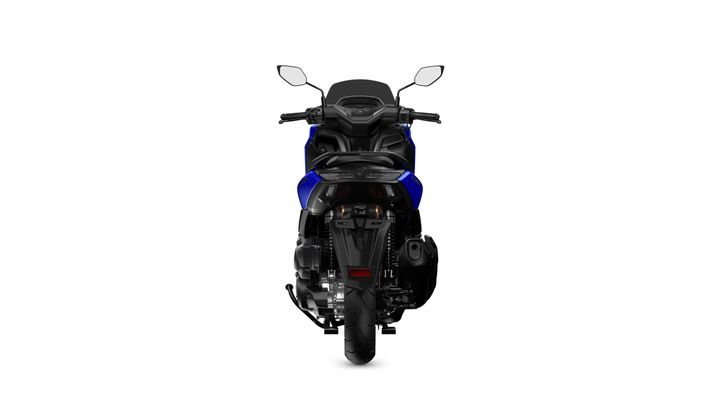 A blue and black motorcycle viewed from the rear, with visible handlebars, mirrors, and rear tire against a white background.