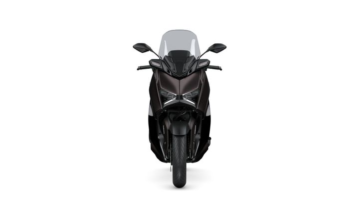 Front view of a sleek, modern black scooter with a transparent windshield and sharp LED headlights, positioned on a plain white background.