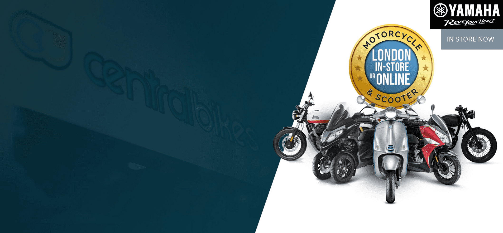 A promotional graphic featuring various motorcycles and scooters, with the text "Central Bikes" and a badge stating "Motorcycle & Scooter London In-Store or Online," alongside the Yamaha logo.