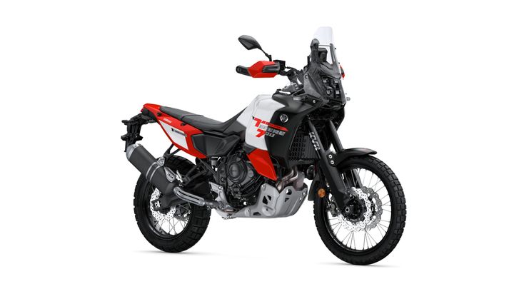 Yamaha 2026 Ténéré 700 World Raid A Yamaha Ténéré 700 motorcycle with a black, red, and white color scheme, featuring an upright seating position, off-road tires, and a dual-sport design.
