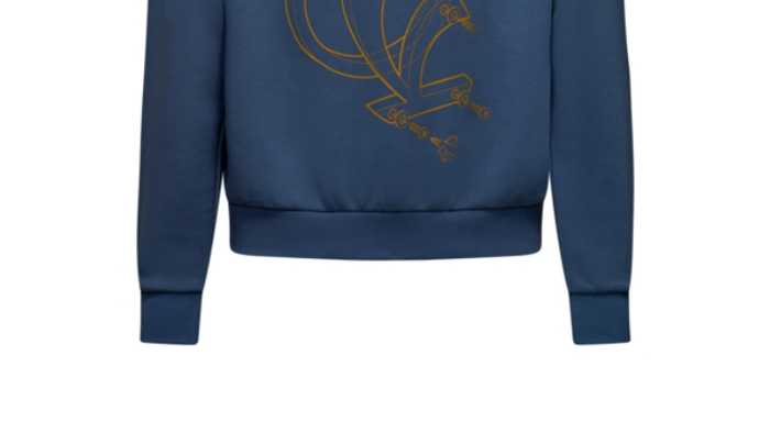 A navy blue hoodie featuring the text "Vespa" in yellow, accompanied by a playful graphic of scooter curves and lines beneath the brand name.