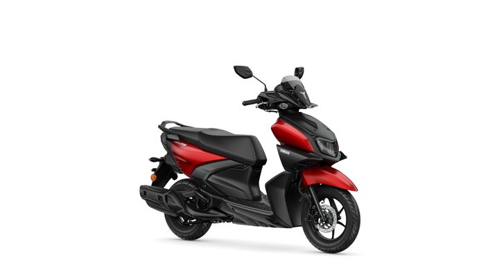 Yamaha 2024 Rayzr A sleek black and red scooter positioned at an angle, showcasing its modern design and features, including a prominent front fairing, headlight, and sporty wheels.