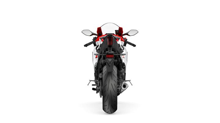 A rear view of a sleek, modern motorcycle with a prominent wide tire and dual mirrors, set against a clean white background.