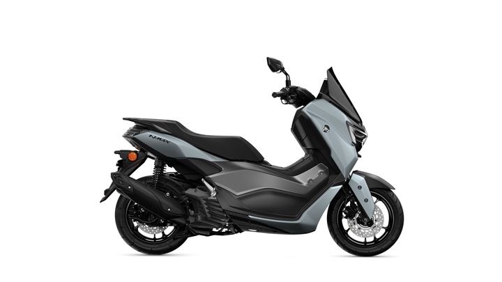 A sleek, modern scooter in light gray and black with a streamlined design, showcasing its side profile, including the seat, wheels, and handlebars.