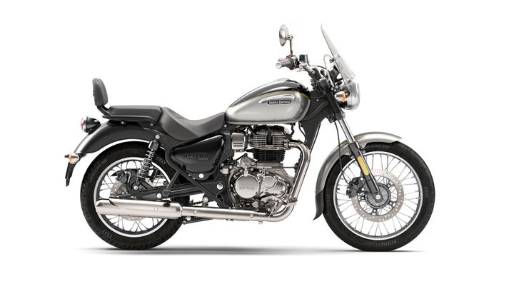 A Royal Enfield Meteor motorcycle in dark gray, viewed from the side, against a white background.