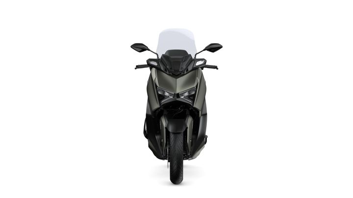Front view of a sleek, modern scooter in a matte green and black color scheme, featuring angular headlights and a tall windshield.
