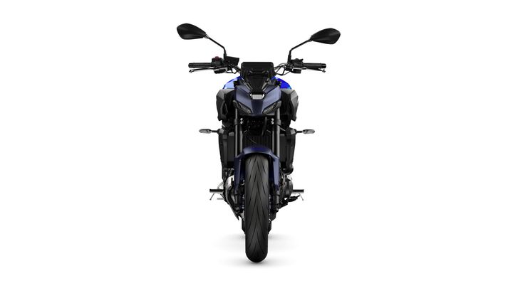 A front view of a modern motorcycle featuring a sleek design, dark body with blue accents, and prominent headlights.