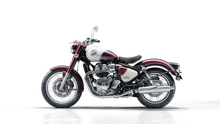 A maroon and white Royal Enfield Classic motorcycle on a white background.