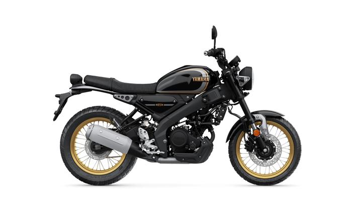 A sleek black Yamaha motorcycle with gold accents, displayed in profile. It features a low seat, rugged tires, and a modern design, showcasing a powerful engine and stylish front and rear wheels.