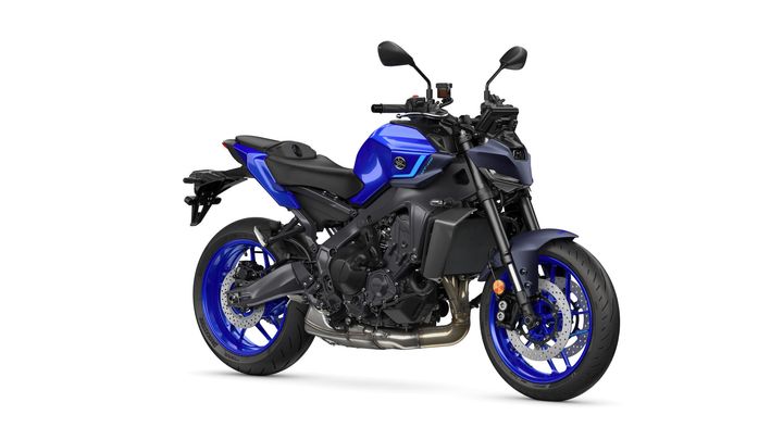 A blue and black motorcycle displayed at an angle, highlighting its sleek design, sporty features, and distinctive wheels.