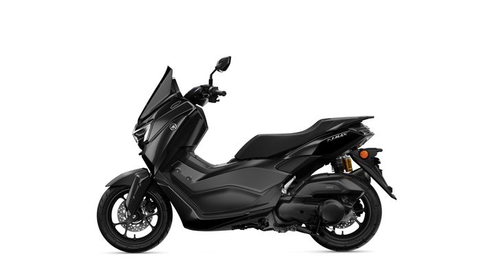 A sleek black scooter parked on a white background, showcasing its modern design and smooth lines.
