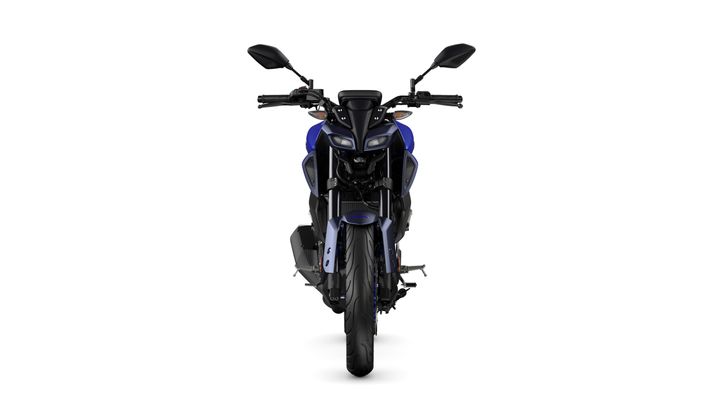 A front view of a modern motorcycle showcasing its sleek design, featuring a blue and black color scheme, headlight details, handlebars, and a prominent front tire against a white background.