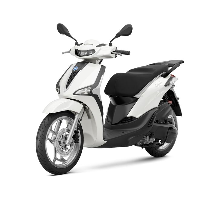 A sleek, modern white scooter facing slightly to the right with a black seat, silver wheels, and a streamlined design.