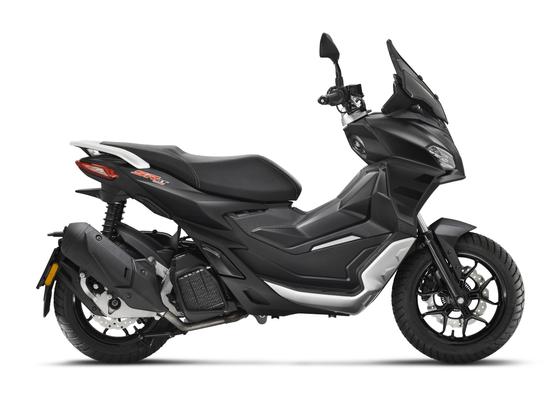 A black and grey modern motor scooter displayed in profile view on a white background.