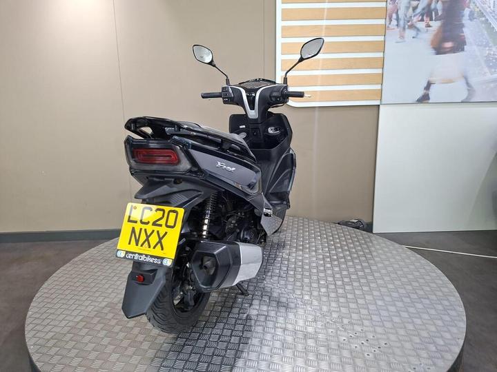 A black scooter displayed on a circular platform, showcasing its rear view with a license plate reading "LC20 NXX." The background features a neutral-colored wall and an image of people in motion.
