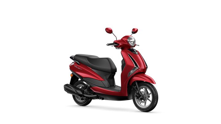 A sleek, red scooter with a black seat and modern design, positioned on a white background.
