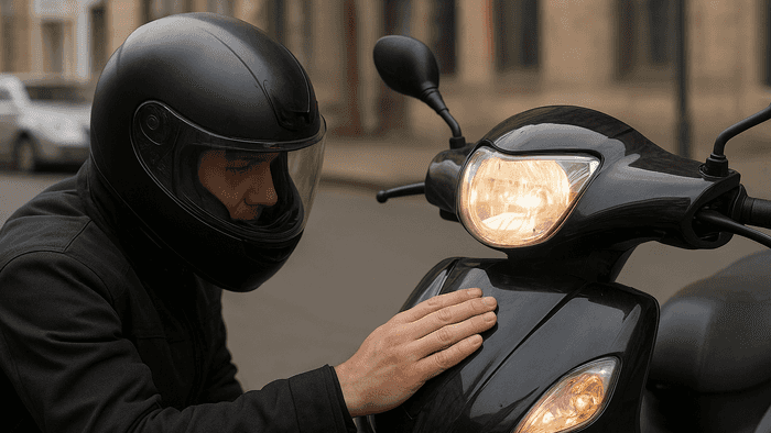 A person wearing a black helmet gently touches the headlight of a black scooter while seated on it, with a blurred background of a city street.