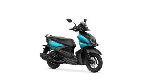 Yamaha 2025 Rayzr A sleek Yamaha scooter in a two-tone design featuring black and turquoise colors, positioned at a slight angle to showcase its modern aesthetic and features.