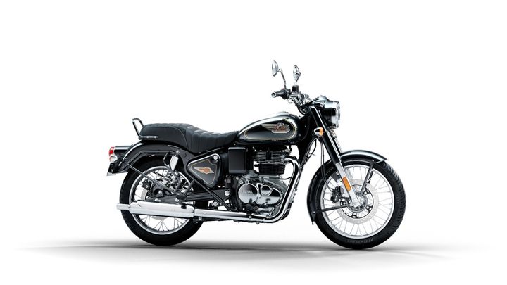 Black Royal Enfield motorcycle on a white background.