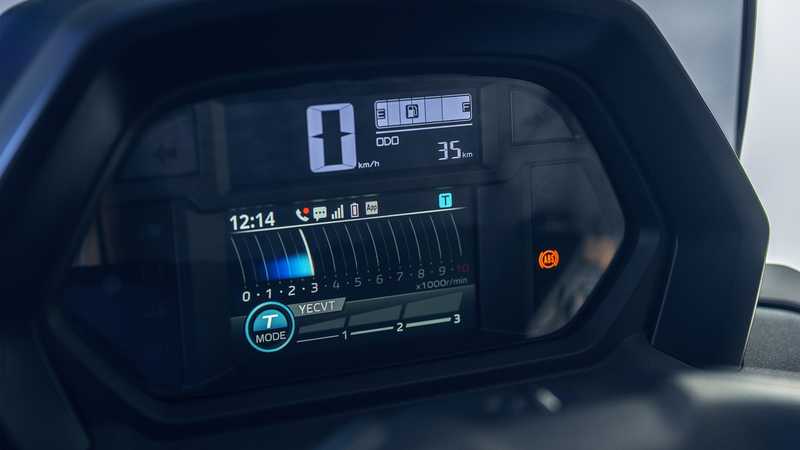 Digital instrument cluster displaying speed as 0 km/h, trip distance of 35 km, a clock reading 12:14, and various indicators including ABS and mode settings.