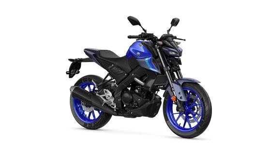 A blue and black motorcycle with striking blue wheels and a sleek, modern design, shown from the front and slightly to the side.