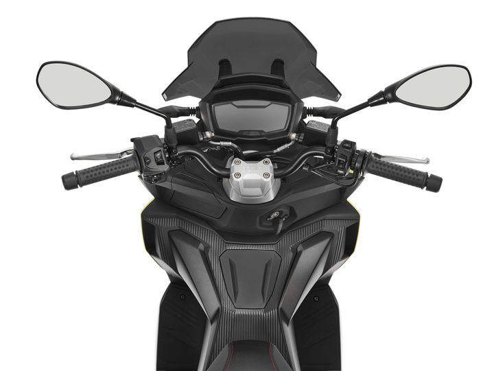 Rider's perspective view of a modern motorcycle dashboard and handlebars with mirrors, grips, and various controls.