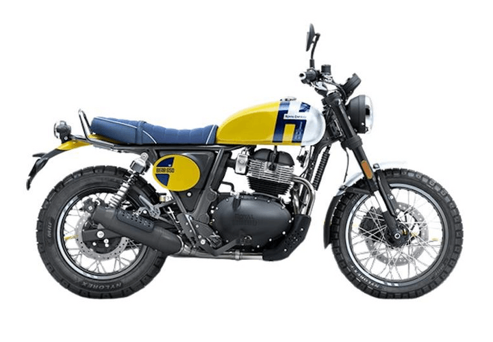 A side view of a vintage-style motorcycle with a yellow and white color scheme, featuring a blue seat, rugged tires, and a retro design.