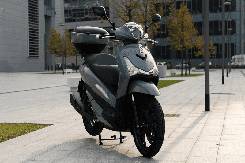 Light grey right facing SYM HD 300 in a garden square