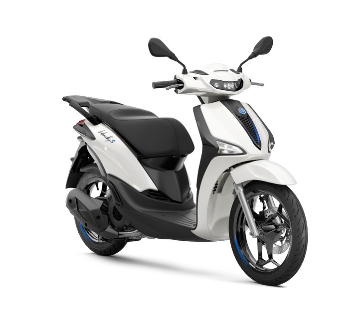 A sleek white scooter with a black seat, featuring a modern design, front fender, and sport-style wheels.