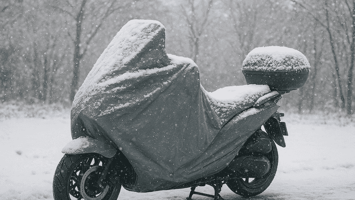A motorcycle covered with a grey tarp is partially buried under freshly fallen snow, surrounded by a winter landscape with softly falling snowflakes.