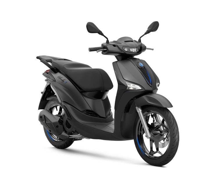 A sleek black scooter with a minimalist design, featuring a comfortable seat, dual mirrors, and a stylish front with LED lights. The wheels have blue accents, adding a modern touch.