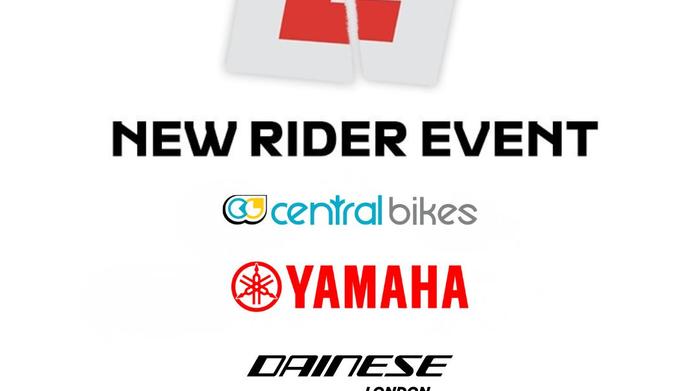 Event poster featuring a logo for Dainese at the top, stating "IN STORE MEET-UP" and "NEW RIDER EVENT" in bold. Below are the logos for Central Bikes and Yamaha, with "DAINESE LONDON" at the bottom.