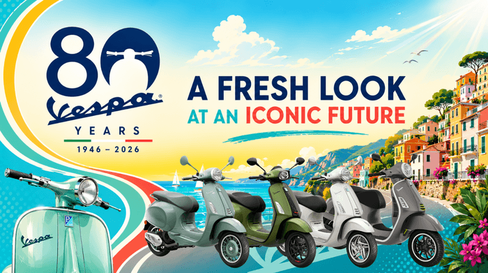 A colorful advertisement celebrating 80 years of Vespa, featuring the text "80 Vespa Years 1946 - 2026" and "A Fresh Look at an Iconic Future." The image showcases a vintage green Vespa alongside four modern scooters in various colors against a scenic coastal backdrop with buildings and greenery.