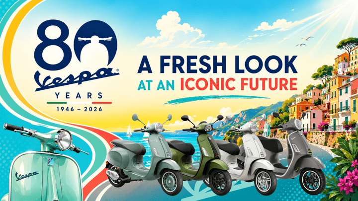 A colorful advertisement celebrating 80 years of Vespa, featuring the text "80 Vespa Years 1946 - 2026" and "A Fresh Look at an Iconic Future." The image showcases a vintage green Vespa alongside four modern scooters in various colors against a scenic coastal backdrop with buildings and greenery.