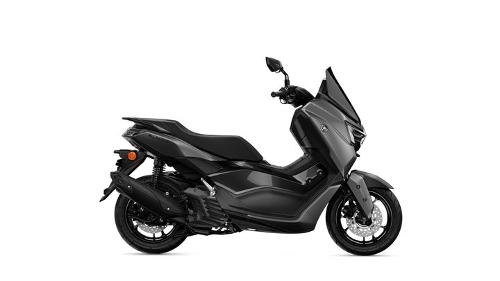 A modern black scooter viewed from the side, featuring a sleek design with a low seat, large front shield, and prominent wheels.