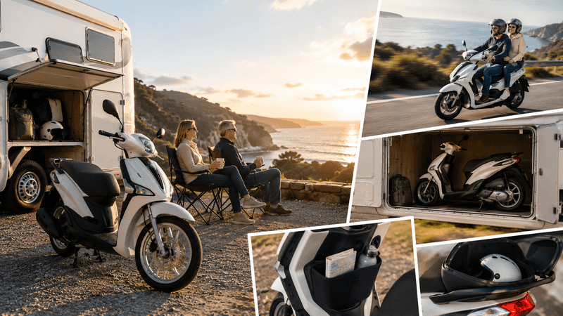 A couple enjoys a sunset by the beach while sitting in chairs next to a parked camper van, with a white scooter nearby. Smaller images showcase the scooter in various settings: one shows the couple riding it along a scenic road, another displays the scooter stored inside the camper along with a bag, and a close-up highlights storage compartments with a map and water bottle.