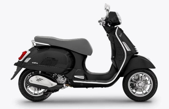 Black Vespa GTS scooter seen from the right side, isolated on a white background.