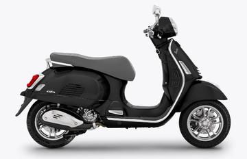 Black Vespa GTS scooter seen from the right side, isolated on a white background.