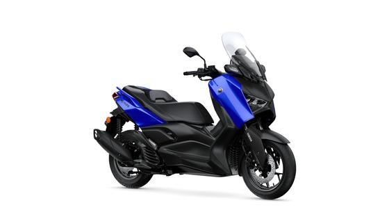 Yamaha 2026 XMAX 125 A sporty blue and black scooter with a tall windscreen, showcased at a slight angle.