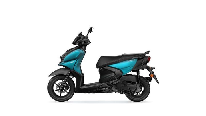 A side view of a modern scooter featuring a turquoise and black design, showcasing its sleek body, handlebars, and rear wheel.
