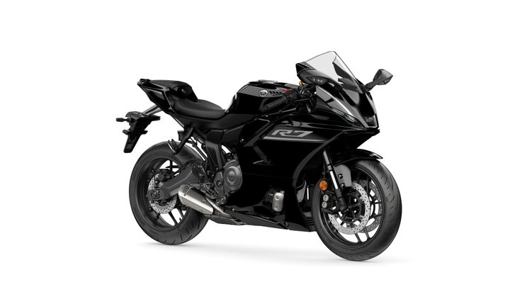 A sleek black motorcycle, model R7, stands on a white background, showcasing its aerodynamic design, sports seat, and modern styling.