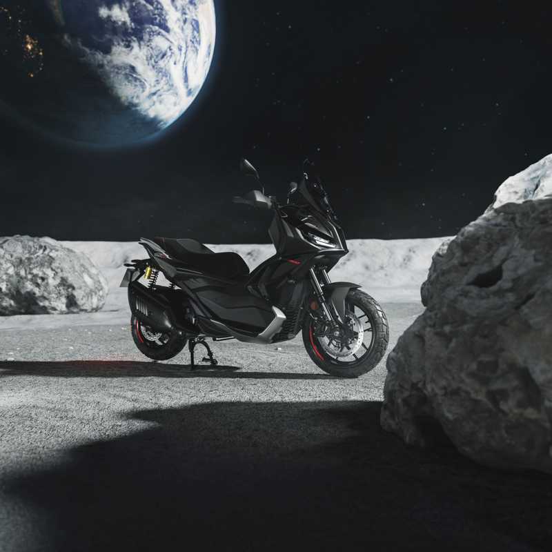 A sleek black motorcycle is parked on a lunar landscape, with a large view of Earth in the background and rocky textures surrounding the bike.