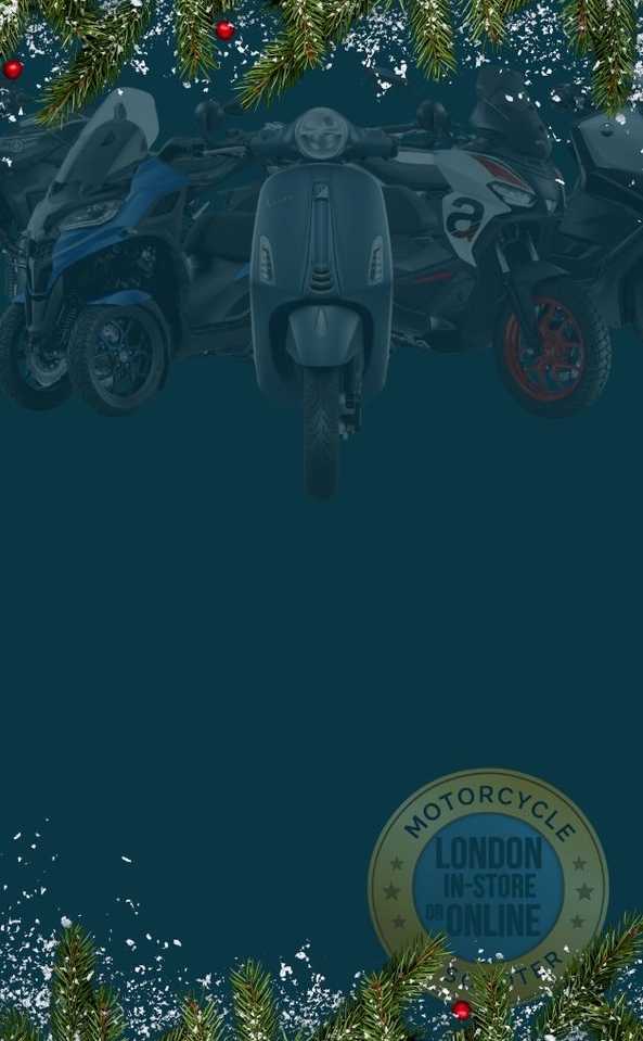 A festive image featuring various motorcycles and scooters against a dark blue background, adorned with holiday greenery, snowflakes, and a circular badge that reads "MOTORCYCLE LONDON IN-STORE OR ONLINE."