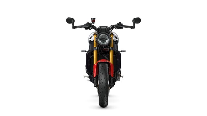 A front view of a sleek motorcycle with a distinctive headlight, black handlebars, and gold front forks, set against a white background.