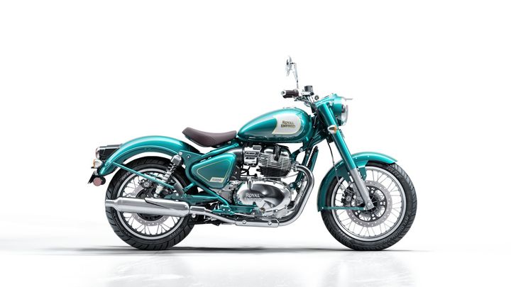 A turquoise Royal Enfield Classic motorcycle against a white background.