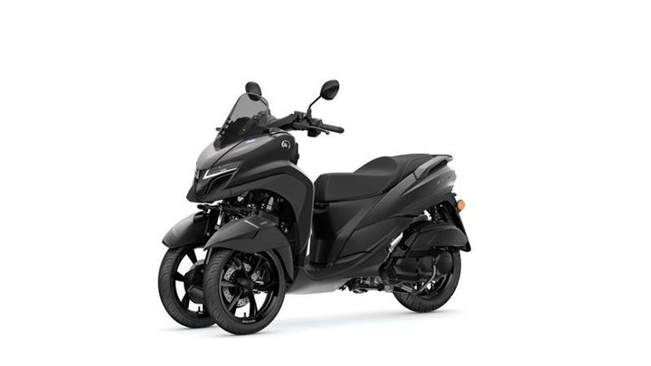 A sleek black three-wheeled scooter with a modern design, featuring a windshield and sporty accents, positioned on a white background.